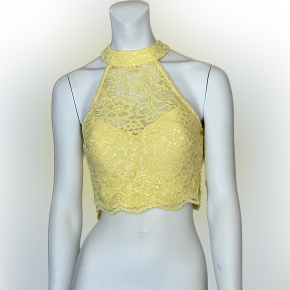NWT Windsor Yellow Lace Halter Crop Top + Clear Sequins Size Small 5 - Picture 3 of 15